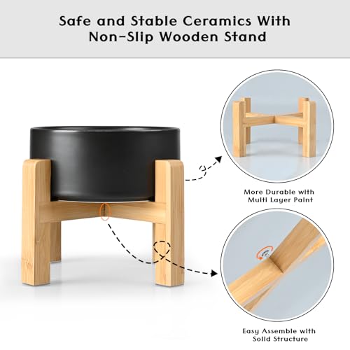 SPUNKYJUNKY Ceramic Elevated Dog Bowls 2 Pack - 6.1inch Raised Dog Bowls with Non-Slip Wooden Stand for Medium Dogs Dishwasher Safe(Black,28.7OZ*2) - color: Black, size: Medium - 3.6 CUPS*2