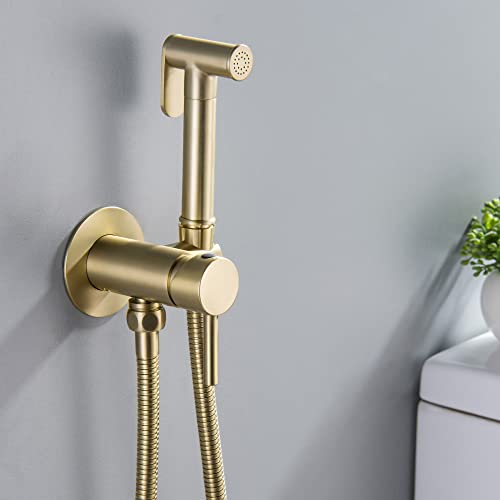 SHAMANDA Warm Water Bidet Sprayer for Toilet with Hot and Cold Brass Rough-in Valve, Stainless Steel Round Handheld Bidet Attachment Set for Feminine, Pets and Baby Diaper Wash, Brushed Gold, BDS09-3 - color: Brushed Gold, style: Hot & Cold Water Modes-Ro