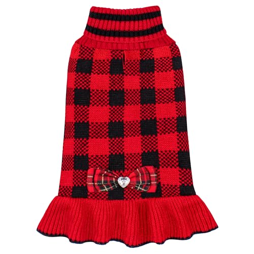 KYEESE Dog Christmas Sweater Dress with Bowtie Checkered, Turtleneck Dog Sweater for Small Dogs Girl with Leash Hole, Holiday Warm Pet Sweaters Dress, Red, Medium - color: 09#Red Plaid, size: Medium (6-13lbs)