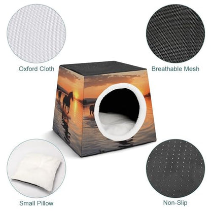Collapsible Soft Dog Crate Pet Kennel Houses Sunsets Lake Horses Printed Lightweight Travel Crate Kennel Indoor & Outdoor, 13.8"x13.8"x11.8"
