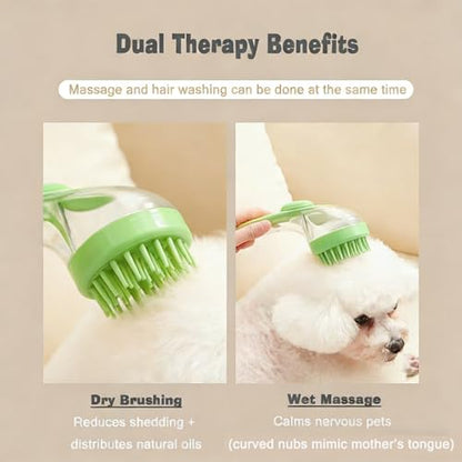 Pet Bath Brush with Shampoo Dispenser - Silicone Massage Grooming Tool for Cats & Dogs, Long Handle Dog Cat Bath Brush for Wet/Dry Use Green (ABS + Food-Grade Silicone, 7.5")