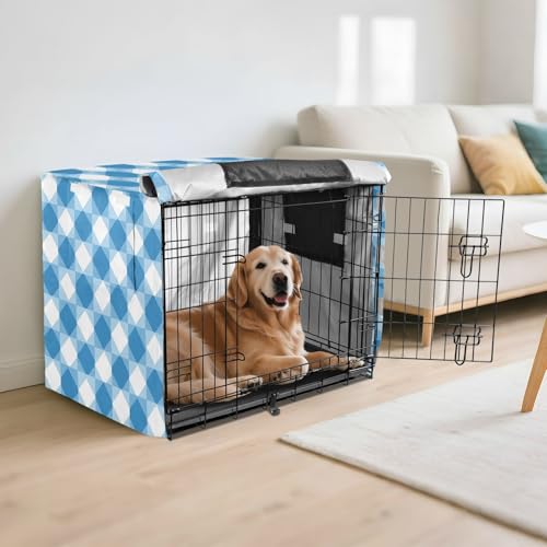Bohemia Europe Gingham Pattern Blue Metal Dog Crate Cover Pets Kennel Covers Roller Shades - size: Small