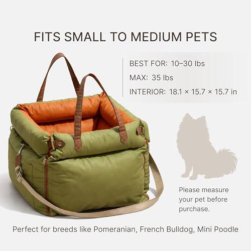 Dog Booster Car Seat for Small Dogs, Stable Non-Slip Design Up to 35 lbs, Water-Resistant PU Travel Carrier with Headrest Straps, Built-in Tether & Storage — Orange/Green
