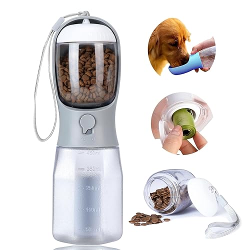 Dog Water Bottle with Food Container, Portable Pet Dog Water Dispenser for Outdoor Walking,Hiking,Travel,Puppy Essentials,Puppy Supplies,Replaceable Waste Bags - color: Grey, size: 15oz