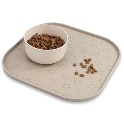 Pet Feeding Mat, Waterproof Anti-Slip Placemats for Dog Cat Bowl Silicone Pet Food Mat, Raised Edge Prevent Spills on Floor & Carpet, Dishwasher Safe (Beige, 11" x 11") - color: Beige
