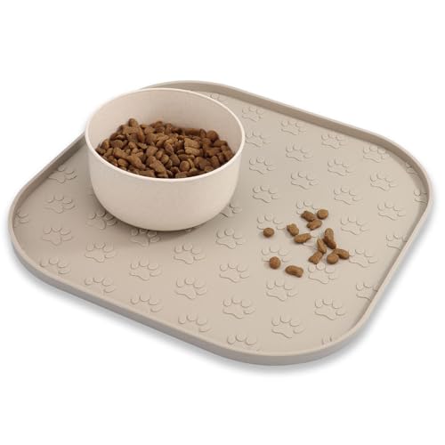 Pet Feeding Mat, Waterproof Anti-Slip Placemats for Dog Cat Bowl Silicone Pet Food Mat, Raised Edge Prevent Spills on Floor & Carpet, Dishwasher Safe (Beige, 11" x 11") - color: Beige