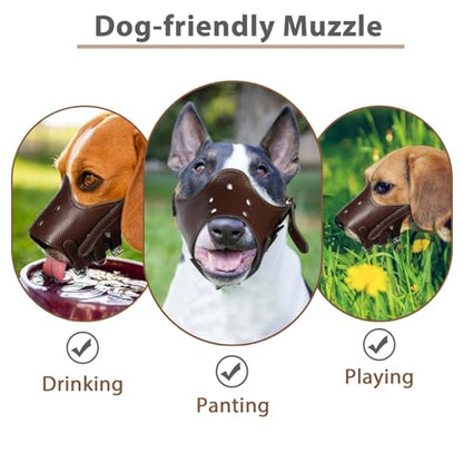BARKLESS Dog Muzzle Leather, Soft Secure Anti-Barking Leather Muzzle for Large Sized Dogs to Prevent Biting, Breathable and Adjustable, Allows Drinking and Panting, Used with Collars - color: Brown, size: L (Snout Cir: 9.5"-11.75")