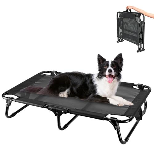 Foldable Elevated Dog Bed for Medium Sized Dogs, 36"x23"x7" Raised Pet Bed with No Setup, Outdoor Dog Bed with Breathable Mesh, Non-Slip Feet Durable Dog Cots Bed, Black