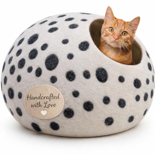 Luxurious Merino Wool Cat Cave - Cats Curl Into Instantly - Foldable Hideaway Pod for Indoor Cats - Felt Kitten Pet Enclosure - Covered Cat House by Woolygon - color: White Polka