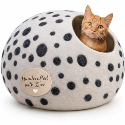 Luxurious Merino Wool Cat Cave - Cats Curl Into Instantly - Foldable Hideaway Pod for Indoor Cats - Felt Kitten Pet Enclosure - Covered Cat House by Woolygon - color: White Polka