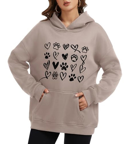 Womens Dog Paw Hoodie-Long Sleeve Pullover Fleece Lined Dog Mom Sweatshirts with Pocket - color: A-grey Brown, size: XX-Large