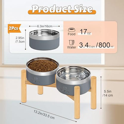 UPSKY Elevated Dog Bowls – 27oz Stainless Steel Anti-Spill Set with Wooden Stand, Double Raised Bowls for Small/Medium Dogs to Reduce Neck Strain & Improve Digestion - color: Grey
