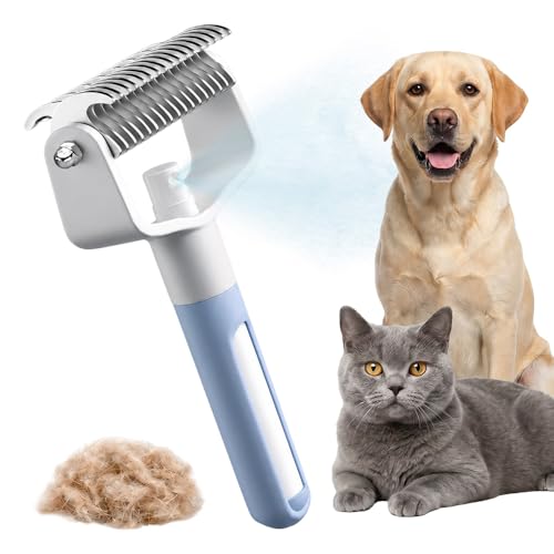 Pet Pro Grooming Tool, 2026 Upgraded Undercoat Rake with Spray Bottle, Ergonomic Dematting Brush for Long-Haired Dogs & Cats, Extra Wide Hair Shedding Comb for Home Pet Grooming (Blue) - color: Blue