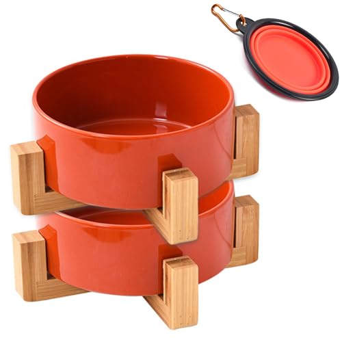 Petygooing Ceramic Dog Bowl Set with Stand, Small Cat Dog Food and Water Bowl, Anti-Slip Set of 2 Bowls - 13.5 OZ (5.1In / 1.7 Cups) Rust Red - color: Rust Red, size: Puppy/Small Size Dogs & Cat Bowls 400ML*2