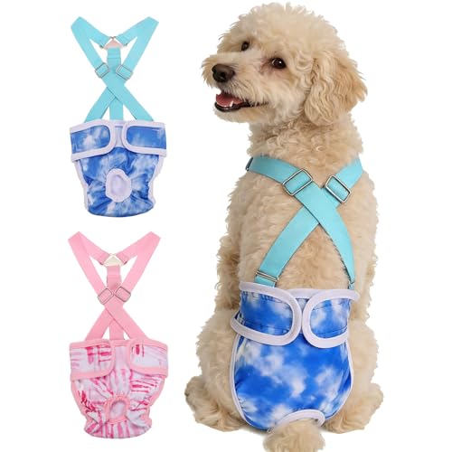 Washable Female Dog Diapers with Suspender, Reusable Dog Diapers Absorbent Leakproof(Tie-Dye Dark Blue/Tie-Dye Dark Pink XS, 2Pcs), Intended for Female in Heat Cycle - color: Tie-Dye Dark Blue/Tie-Dye Dark Pink, size: XS