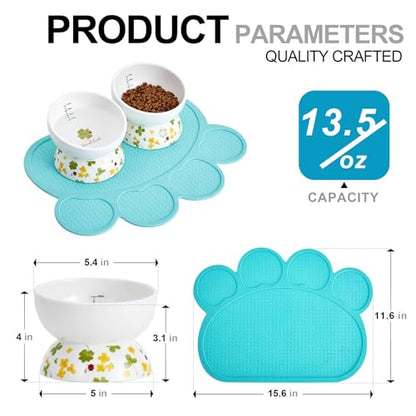 Ceramic Elevated Cat Food and Water Bowls - 2 Pack Small Dog Feeding Set With Tilted Design and Anti-Slip Silicone Mat - color: lucky color