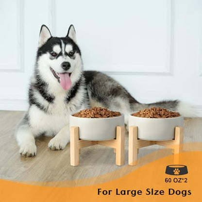SPUNKYJUNKY Ceramic Elevated Dog Bowls 2 Pack - 8.3inch Raised Dog Bowls with Non-Slip Wooden Stand for Large Dogs Dishwasher Safe(Grey,60OZ*2) - color: Grey, size: Large - 7.6 CUPS*2
