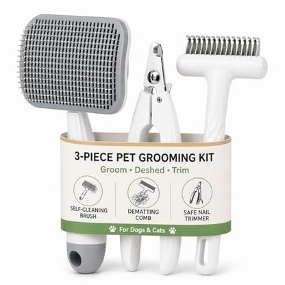 3-Piece Dogs & Cats brush for shedding - Self Cleaning Slicker Brush, Dematting Comb & Nail Clipper - Professional 3-in-1 Grooming Set for Shedding, Mats & Tangles - Easy At-Home Pet Care Tools