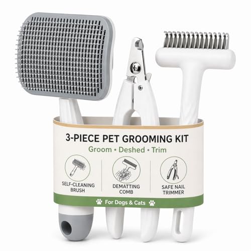 3-Piece Dogs & Cats brush for shedding - Self Cleaning Slicker Brush, Dematting Comb & Nail Clipper - Professional 3-in-1 Grooming Set for Shedding, Mats & Tangles - Easy At-Home Pet Care Tools