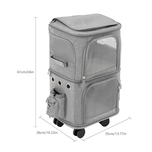 Double-Compartment Pet Rolling Carrier with Wheels, 13.78 * 10.24 * 24.01 in Ajustable Pet Carrier, 22.05 lbs Bearing Collapsible Pet Trolley Bag for Cats, Dogs, Pet Ferrets, Rabbits (Grey) - color: Grey
