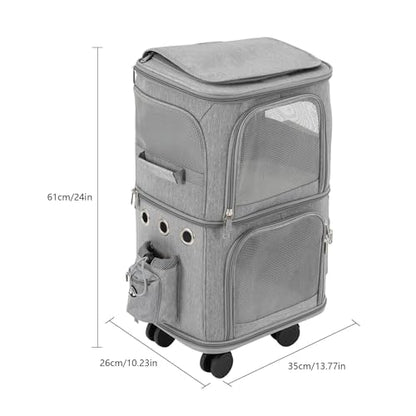 Double-Compartment Pet Rolling Carrier with Wheels, 13.78 * 10.24 * 24.01 in Ajustable Pet Carrier, 22.05 lbs Bearing Collapsible Pet Trolley Bag for Cats, Dogs, Pet Ferrets, Rabbits (Grey) - color: Grey