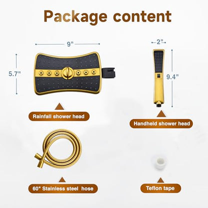 BRIGHT SHOWERS Dual Shower Head with Handheld, High Pressure Rainfall Shower Head Combo, 60-Inch Stainless Steel Hose, Brushed Gold - color: Brushed Gold, size: 2.5 Gallon Per Minute