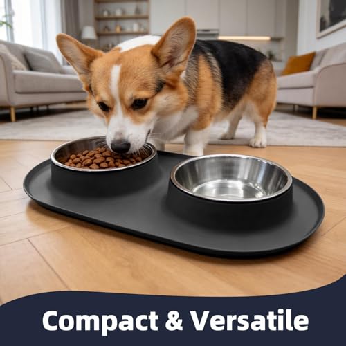 Double Stainless Steel Cat Food Bowls with Non-Slip Silicone Mat, Double Pet Feeder for Food & Water, Spill Proof Cat Dish Set for Small Medium Dogs & Cats, 1.5 Cups Each Bowl, Black Mediun - color: Black