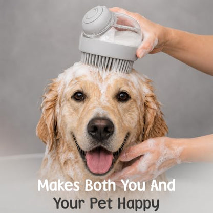 Dog Bath Brush with Shampoo Dispenser | Silicone Pet Grooming Scrubber for Dogs Cats and Puppies | Rubber Curry Tool for Bathing Deshedding and Massage | Easy Grip One Handed Design - color: Gray