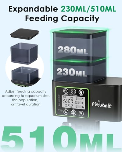 Automatic Fish Feeder for Aquarium - 230/510ml Timer Fish Feeder Dispenser with 0.1-2g Precision Feeding, Moisture-Proof Auto Fish Feeder with Feed Cleaning & Shortage Alert, USB Rechargeable