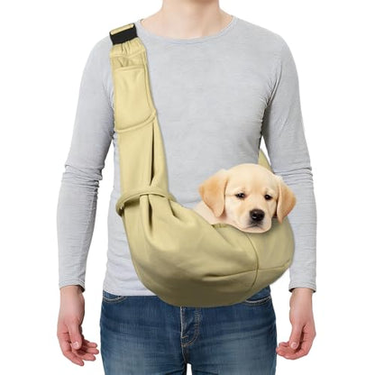Dog and Cat Sling Carrier Up to 16.5 Lbs, Hand-Free Reversible Pet Sling Carrier with Adjustable Strap and Pocket, (Khaki, 1 Pcs) Intended for Hiking/Camping/Traveling - color: Khaki