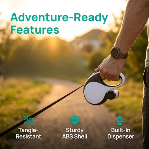 Retractable Dog Leash 16ft for Medium Dogs up to 66lbs — Durable Nylon Tape Leash with 360° Tangle-Free, One-Handed Brake & Lock, with Poop Bag Dispenser, Anti-Slip ABS Handle (White)