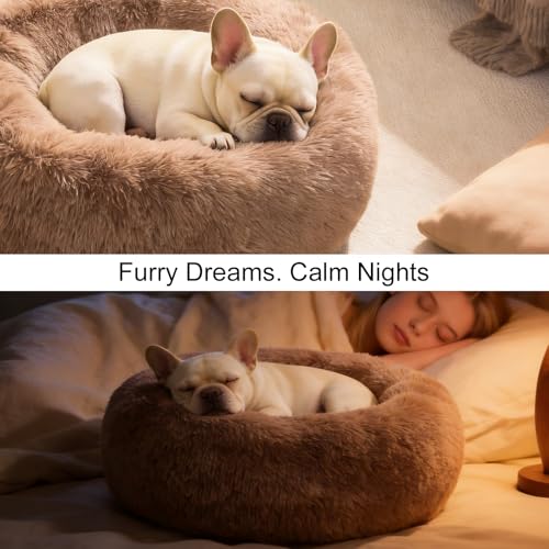 Dog Calming Beds for Small Medium Large Dogs - Round Donut Washable Dog Bed, Anti-Slip Faux Fur Fluffy Donut Cuddler Anxiety Cat Bed(24" Khaki - color: khaki, size: 24"L x 24"W x 8"Th