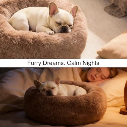 Dog Calming Beds for Small Medium Large Dogs - Round Donut Washable Dog Bed, Anti-Slip Faux Fur Fluffy Donut Cuddler Anxiety Cat Bed(24" Khaki - color: khaki, size: 24"L x 24"W x 8"Th