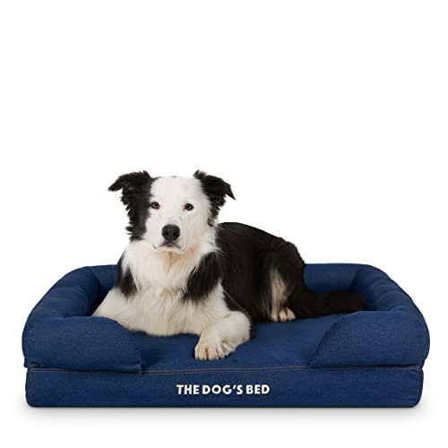 The Dog’s Bed Orthopedic Memory Foam Dog Bed with Bolsters for Large Dogs, Waterproof Washable Cover, Anti-Slip Base, Calming Surface – CertiPUR-Certified Foam, Denim Fabric, Blue Denim, Large - color: Blue Denim, size: Large Beds