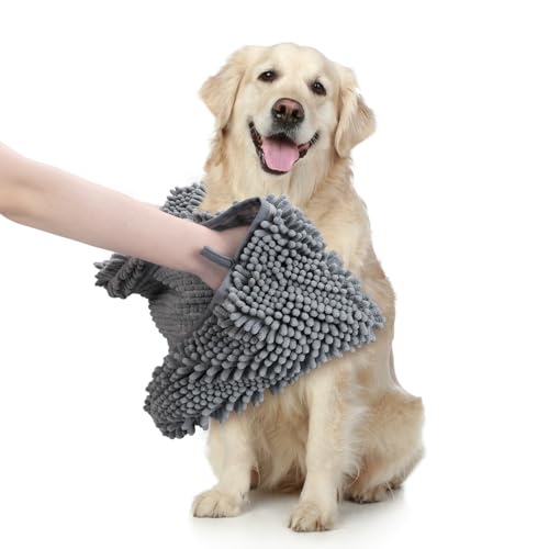 WOUSEDO Microfiber Chenille Dog Towel 1 Pack, Super Absorbent & Quick Dry | Pet Bath Shammy Towel, 13.8 x 31.5 Inches, Wash Grooming Towels for Small to Large Pets, Grey