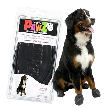PawZ Rubber Dog Boots for Large Paws - All-Weather Waterproof Dog Shoes, Anti-Slip Traction for Rain, Snow, Mud & Hot Pavement - Pull-On Dog Booties, Black - X-Large (4" +) - Pack of 12 - size: XL