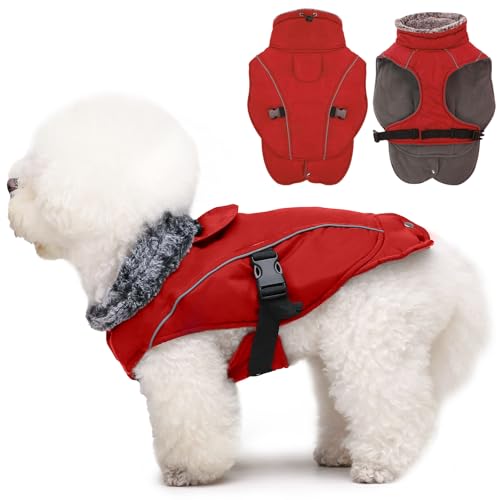 DENTRUN Warm Dog Winter Coat, Easy On Reflective Turtleneck Fleece Jacket | Adjustable buckle, easy on off, windproof & water-repellent, thick fleece snowsuit, outfit fits small to large breeds - color: Red, size: Small