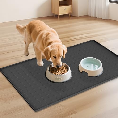 Extra Large Silicone Dog Food Mat 33.9"x21.9" – 0.27" Raised Edge Waterproof Pet Feeding Mat, Non-Slip Placemat for Multiple Bowls, Auto Feeders, Cat Fountains, Dishwasher Safe (Black/Gray) - color: Black