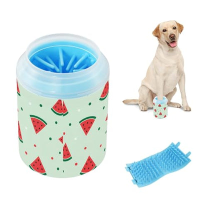 Watermelon Dots Green Pattern Dog Paw Cleaner Cup with Soft Silicone Brush, Portable Lightweight Small Muddy Paw Washer for Dogs, Easy to Use Pet Foot Cleaner
