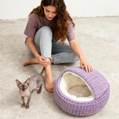 Covered Cat Bed | Comfortable Anti-Slip Small Warming Dog Bed | Calming Nest Covered Kitten Cave | for Home Dorm Bedroom Living Room Balcony - color: Purple