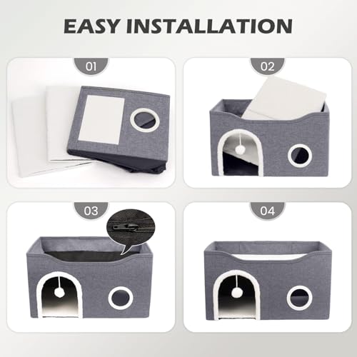 Heeyoo Cat House for Indoor Cats - Large Cat Bed Cave with Fluffy Ball and Scratch Pad, Foldable Cats Houses & Condos, Cat Hideaway, Covered Kitty Bed for Multi Small Large Kitty, 23.8x15.9x13.2 Inch - style: Without heat pad