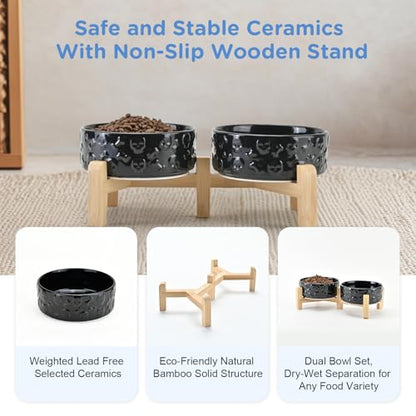 SPUNKYJUNKY Elevated Dog Bowls Ceramic, 5.1'' Dogs and Cat Food Water Bowls Raised with Non-Slip Bamboo Stand for Puppy Small Sized Breed Microwave Dishwasher Safe - 13.5 OZ,Skull Black - color: Black- Skull, size: 5.1 in - 1.7 cups