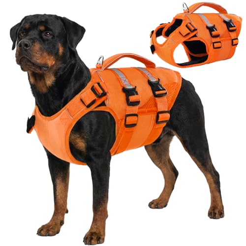 Kuoser Dog Life Jacket, High Flotation Dog Life Vest for Swimming Boating, Adjustable Ripstop Pet Lifesaver for Small Medium and Large Dogs, Reflective Safety Puppy Swimming Vest with Rescue Handle - color: A-Orange, size: Xl (Chest Girth:25.98-33.46'')