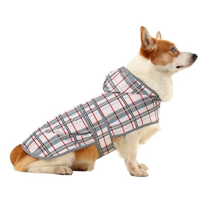 Dog Raincoat for Large Dogs Waterproof Jacket Hooded Rain Coats with Reflective Strips Leash Hole & Poncho Adjustable Fit (Plaid,L) - color: Khaki Plaid, size: Large