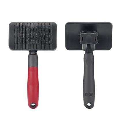 KONG Large Self-Cleaning Slicker Brush – Easy Hair Removal, Reduces Shedding, Non-Slip Grip, Long Metal Pins, for Medium to Large Dogs with Medium to Long Coats, Red/Gray - size: Large Self-Cleaning Slicker