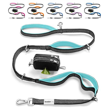 Dog Poop Bag Holder with Dispenser & Storage Pouch - Includes Adjustable Reflective Dog Leash (6FT Bungee, Padded Handles) - Durable Leash for Walking, Training & Travel (Aqua) - color: Aqua