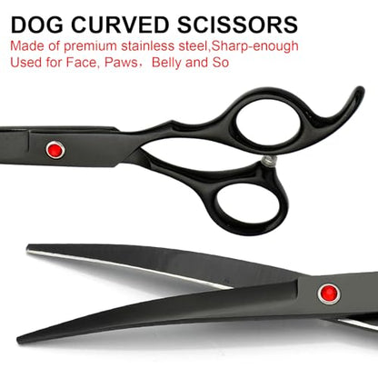 Dog Grooming Scissors Kit, Premium Stainless Steel Dog Shears with Curved Shears, Sharp Durable for Dogs Cats+Black 4 Piece - color: Black 4 Piece
