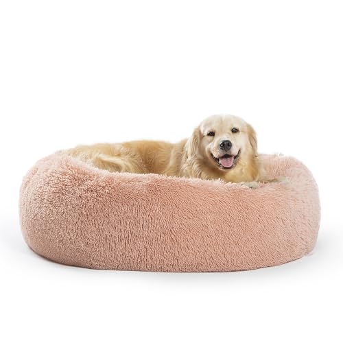 SAVFOX 36 inches Calming Donut Dog Bed - 3X Durable Plush Faux Fur, Machine Washable & Non-Slip, Fits up to 100 lbs, Pink - color: Pink, size: Large | 36"x36"