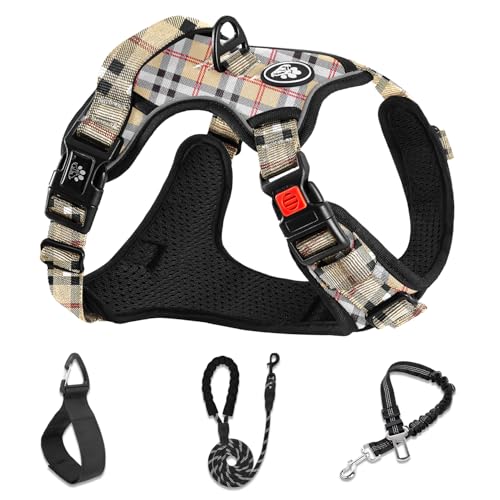 NESTROAD No Pull Dog Harness with Leash, Reflective No Choke Pet Vest Harness,Adjustable Soft Padded Dog Harness with Easy Control Handle for Small Dogs(Checkered Beige,Small) - color: Checkered Beige, size: 【S】neck 11-15" chest 15-21"