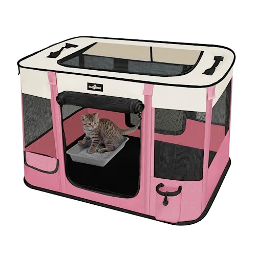 Paw Ballet Foldable Pet Kitten Playpen, Upgrade Waterproof Portable Cat Dog Playpen Kennel Tent for Dog Cat, Retractable Shade Cover with Free Carrying Case, Indoor Outdoor Use for Small Pet. - color: Pink 03, style: Medium(32''×24''×21.5'')